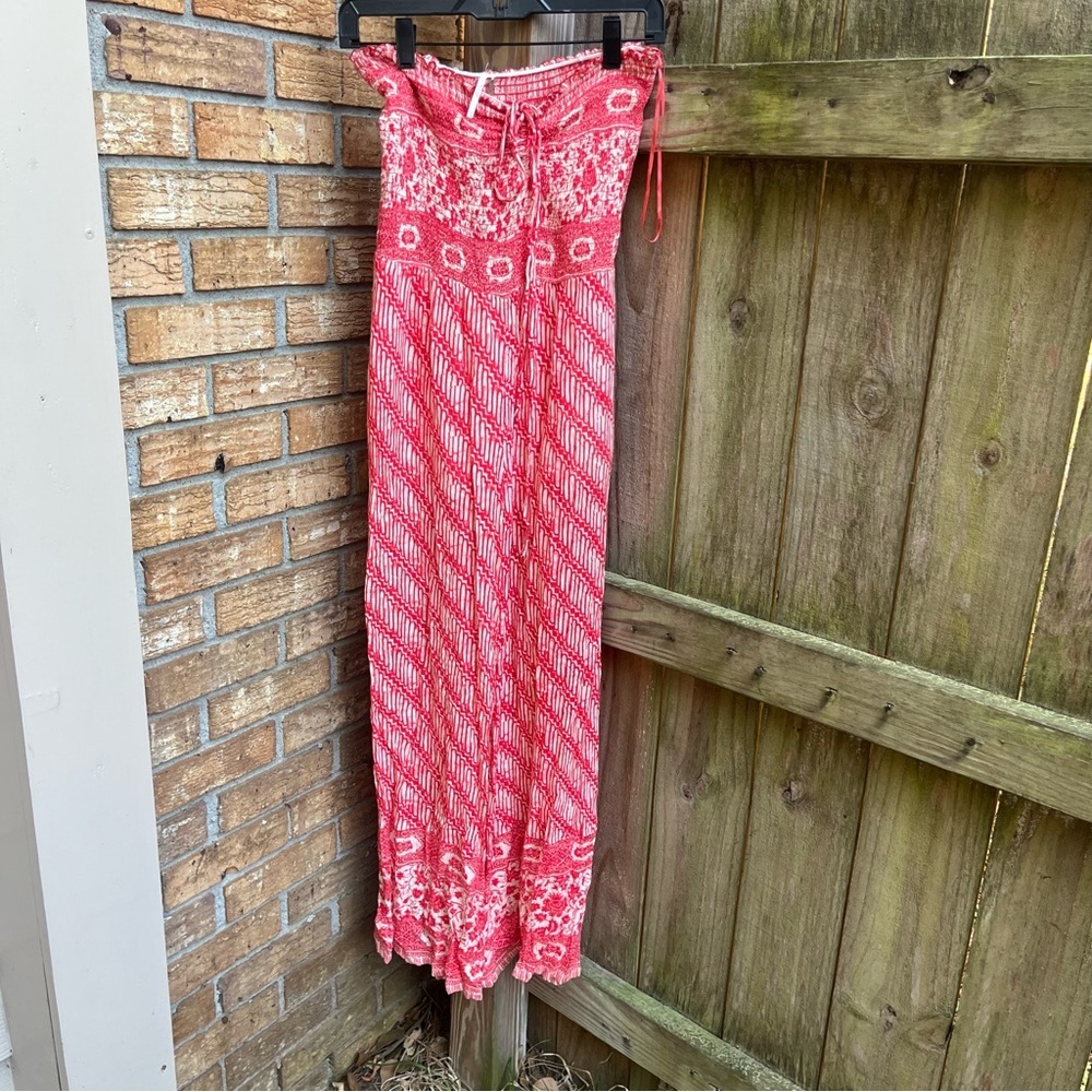 Free People Red Patterned Strapless Jumpsuit